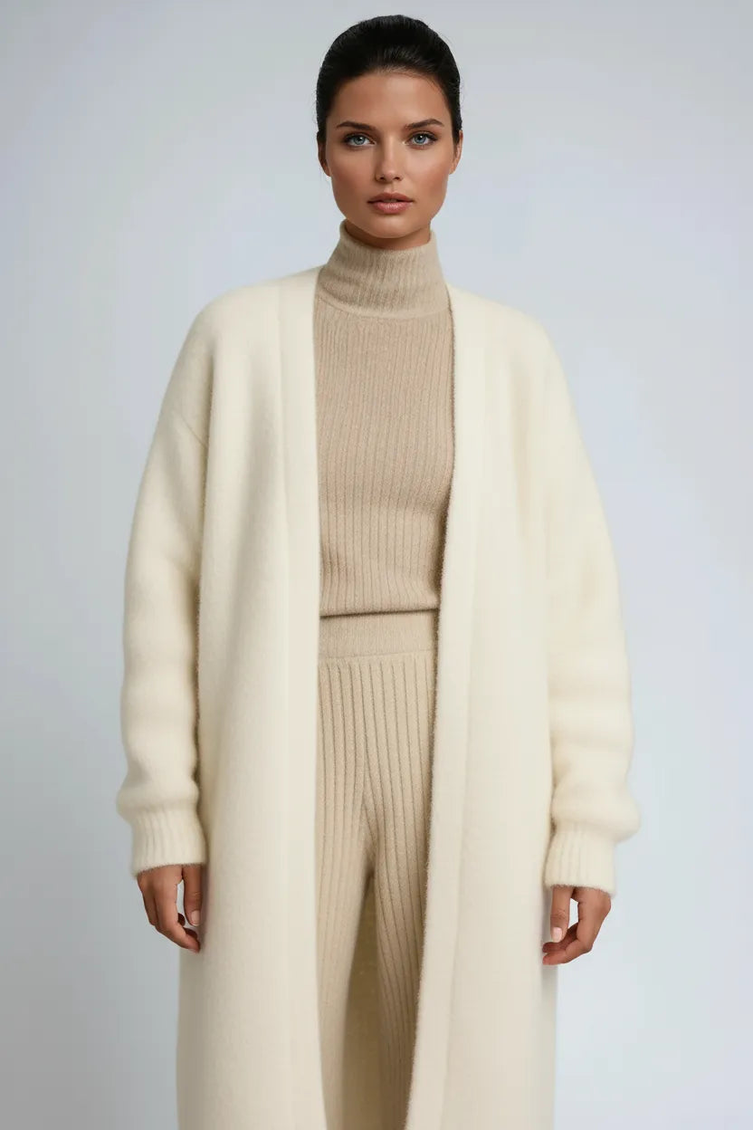 Women’s open-front longline knit cardigan, cream with ribbed collar and long sleeves