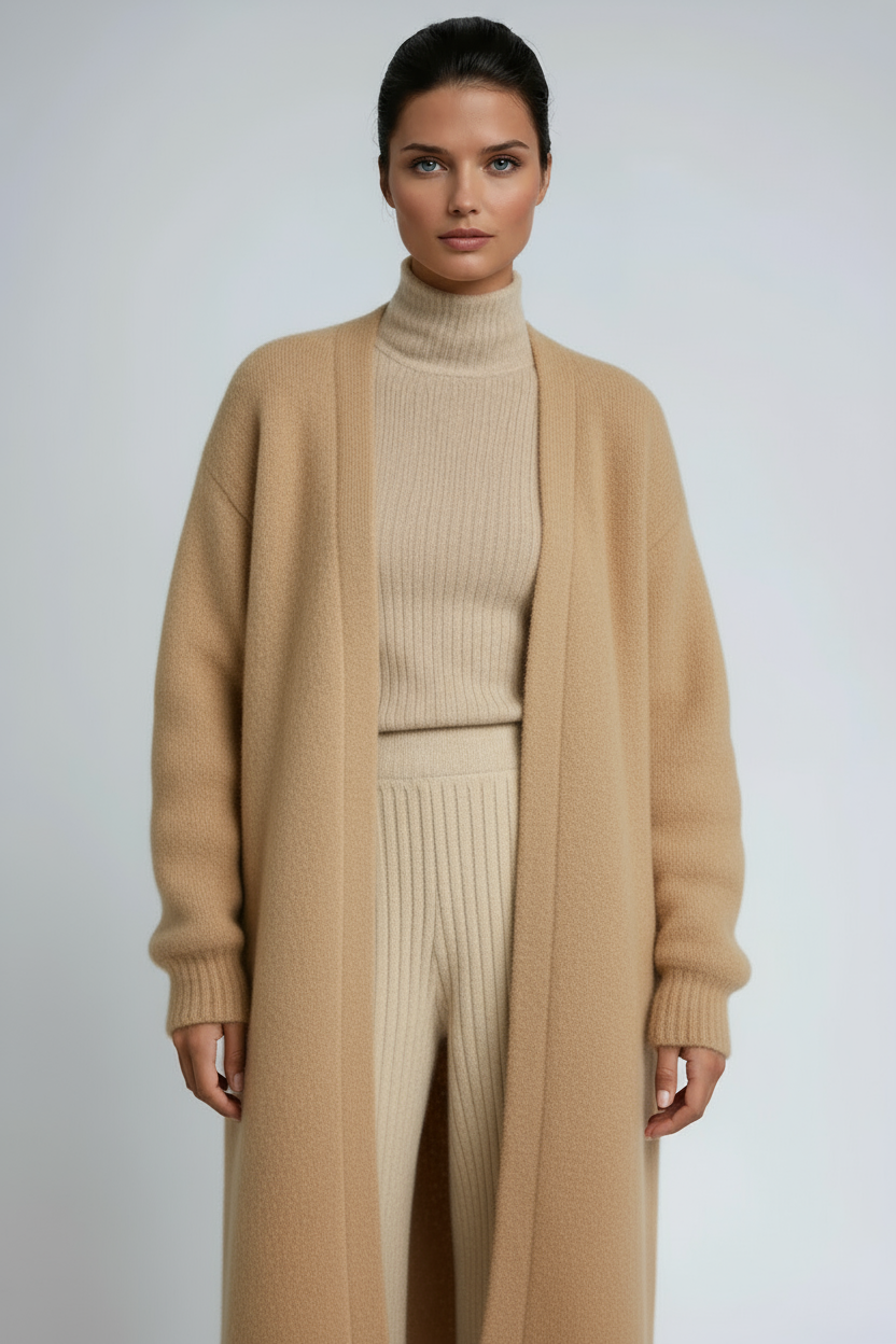 Long open-front cardigan coat in camel with ribbed turtleneck-style knit
