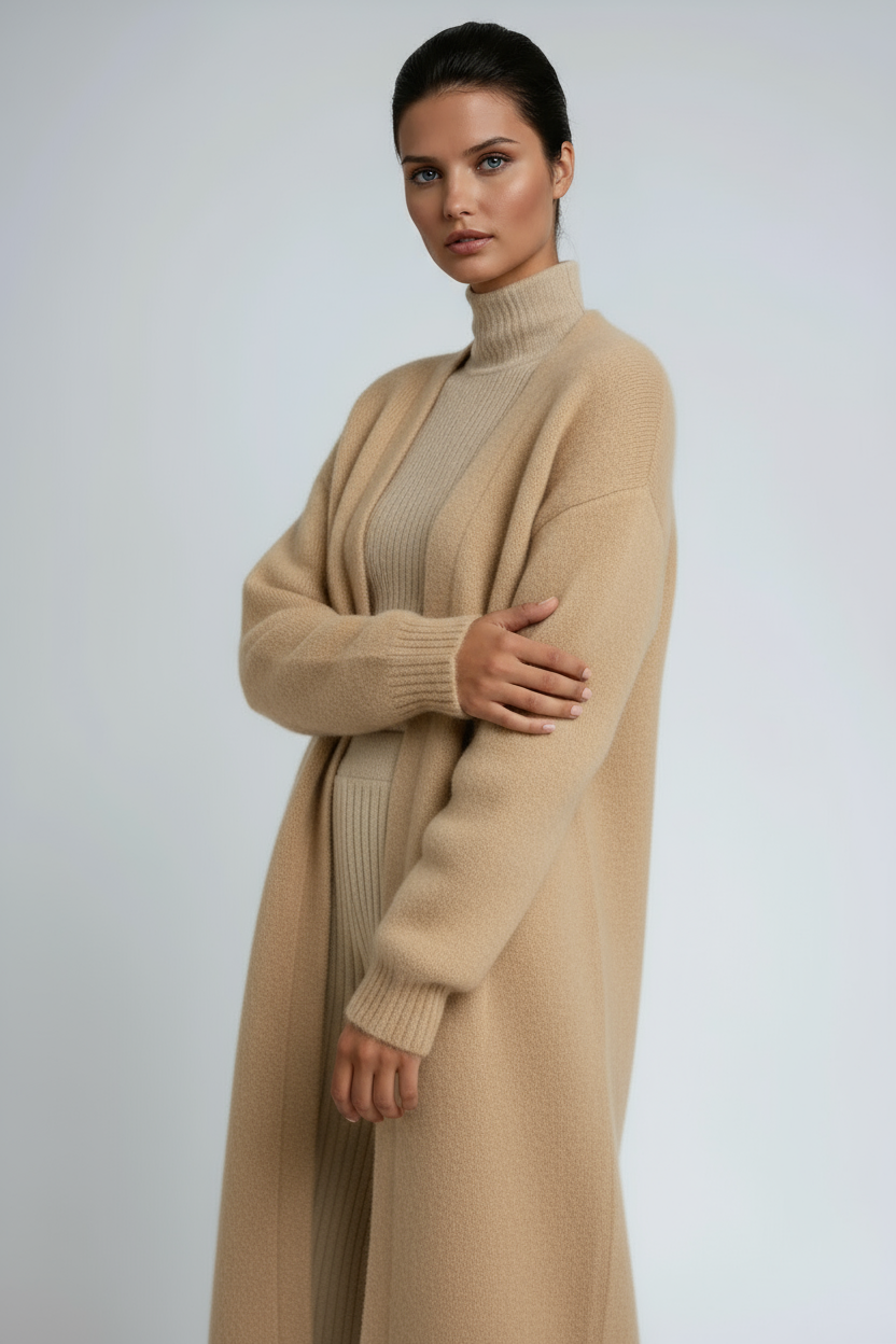 Long open-front cardigan coat in beige with ribbed turtleneck knit and cuffs