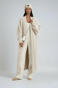Long open-front cardigan coat in ivory fuzzy knit with ribbed cuffs