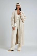 Long open-front cardigan coat in ivory fuzzy knit with ribbed cuffs