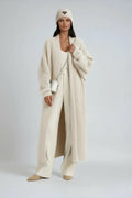 Off-white longline open-front cardigan sweater with plush brushed knit and ribbed cuffs