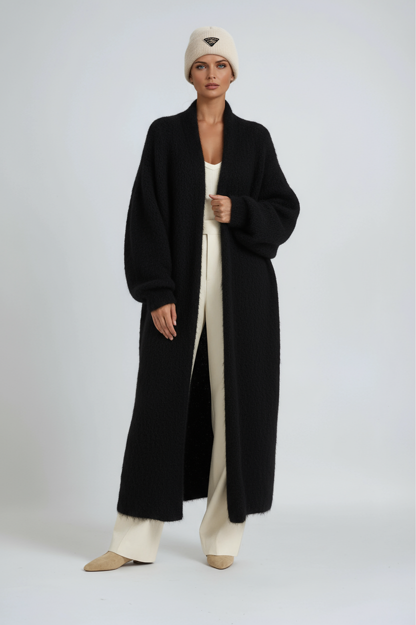 Long open-front cardigan coat in black with ribbed cuffs and open front