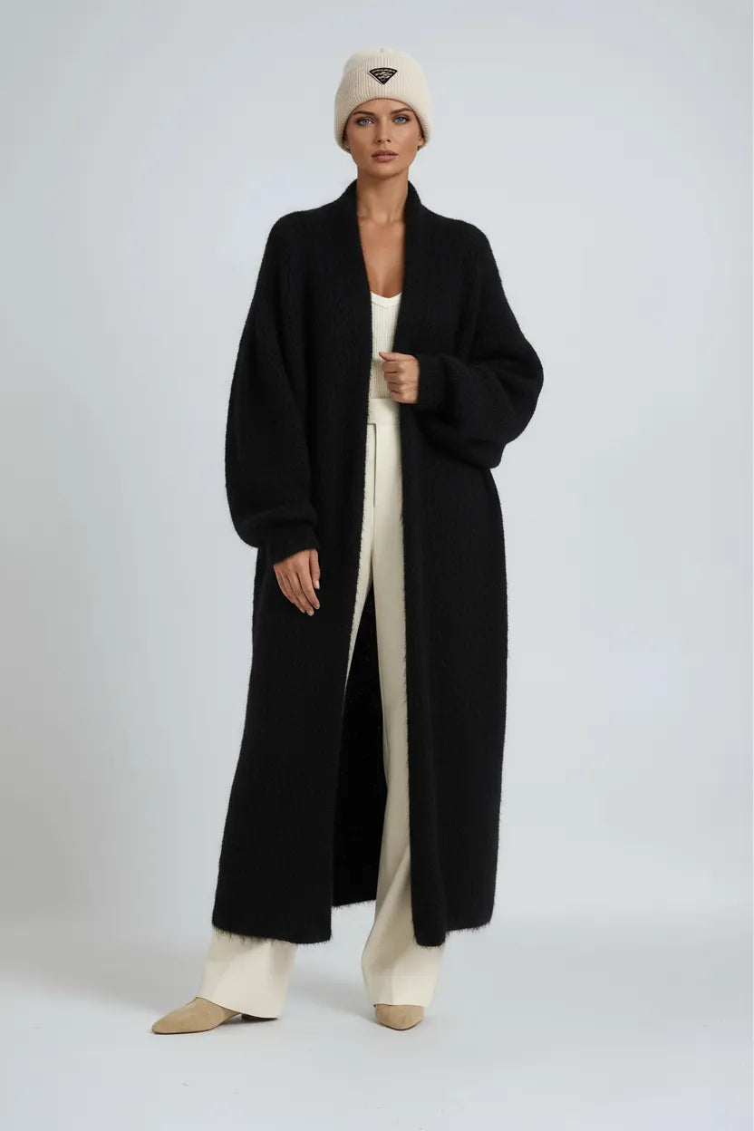 Women’s open-front longline knit cardigan, black long duster with dropped-shoulder sleeves
