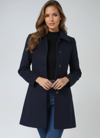 Dark blue single-breasted winter trench coat with notched lapels and button closure