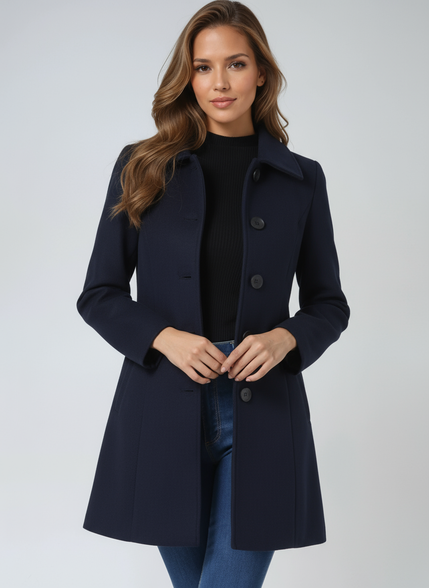 Dark blue single-breasted winter trench coat with notched lapels and button closure