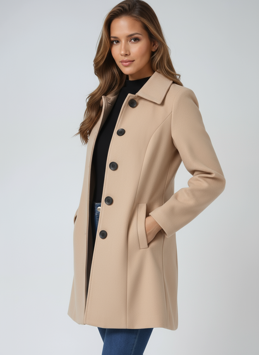 Beige single-breasted winter trench coat with notched lapels and dark button front