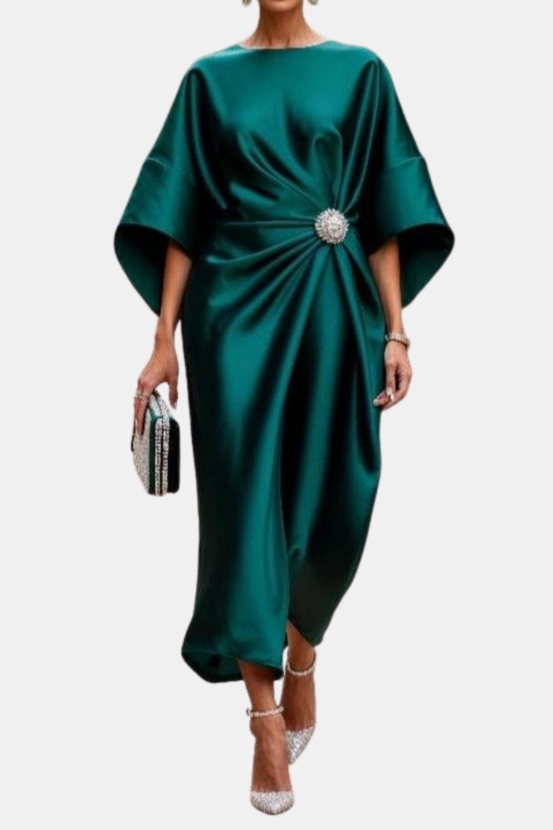Green satin maxi dress, boat neck, wide sleeves, front twist with jeweled brooch