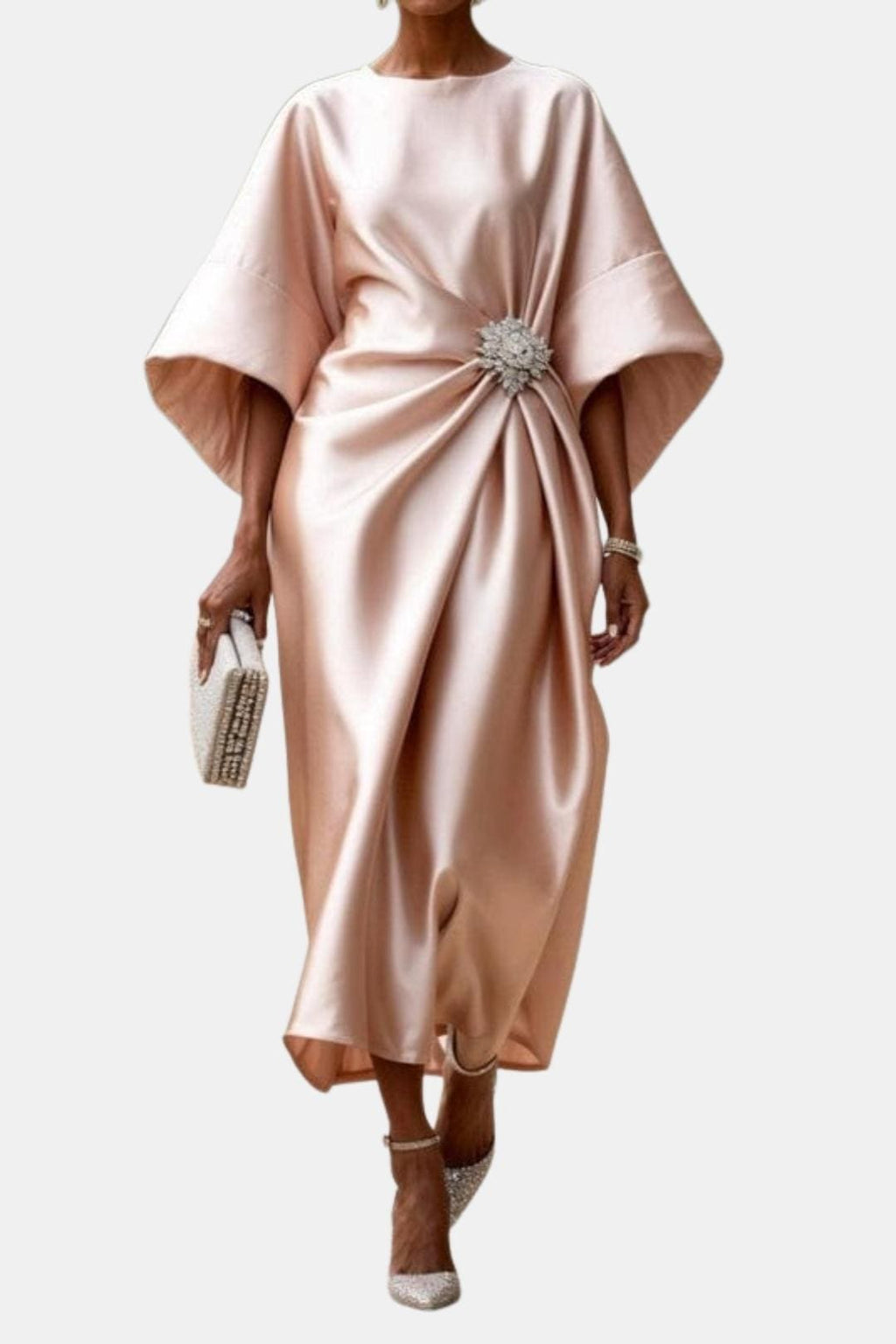 Beige satin maxi dress, boat neck, wide sleeves, front twist with jeweled brooch