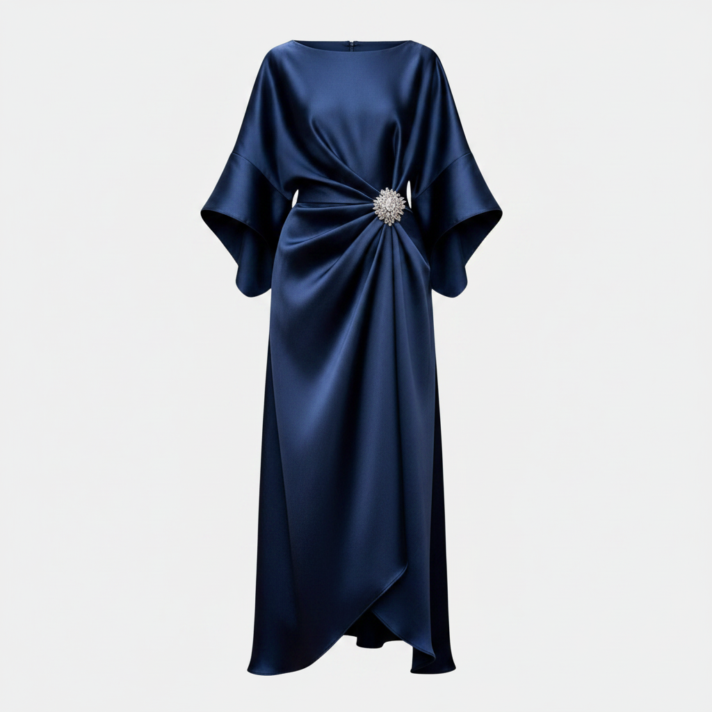 Navy satin maxi dress, boat neck, wide sleeves, front twist detail with jeweled brooch