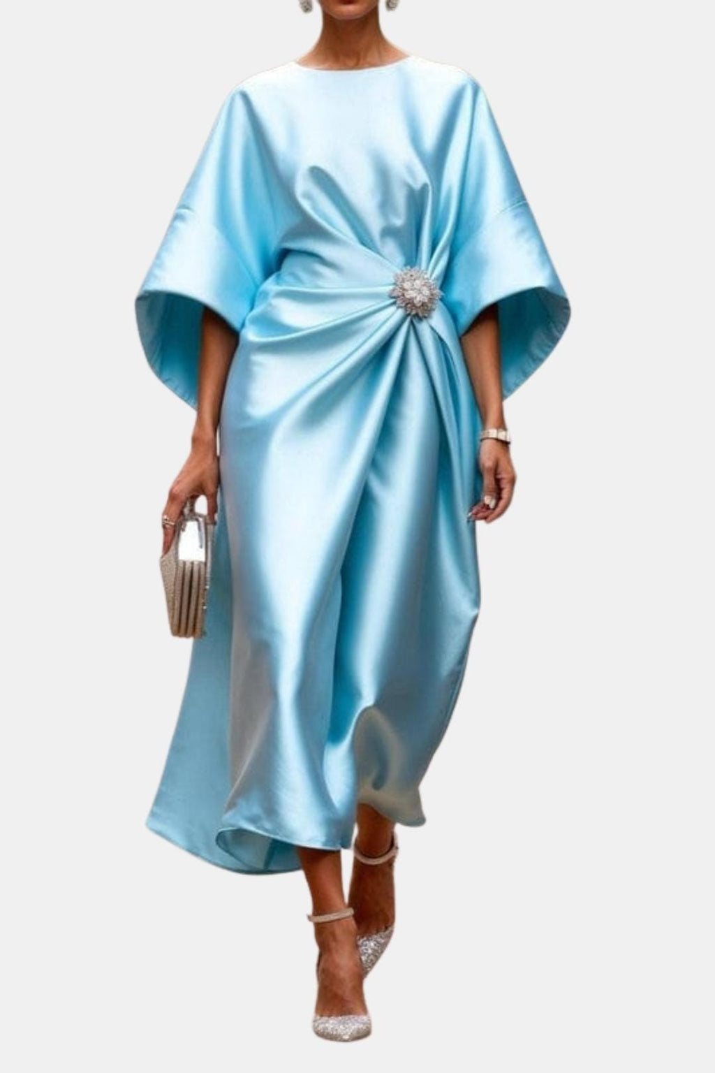 Sky blue satin maxi dress, boat neck, wide sleeves, front twist with jeweled brooch
