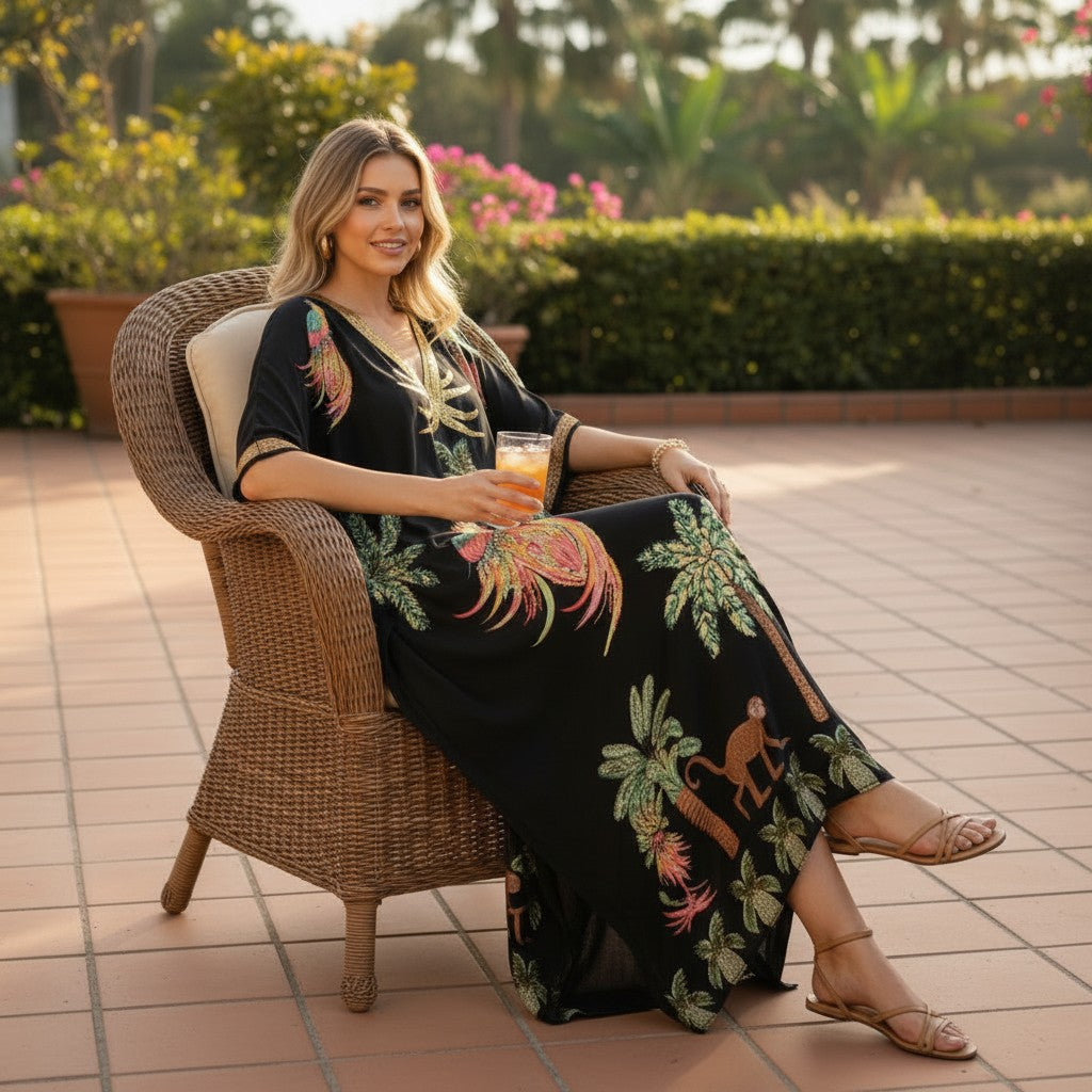 Black kaftan-style dress with colorful bird and palm tropical print, V-neck, long length