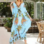 Sky blue kaftan-style dress with tropical parrot and palm print, V-neck, loose long fit