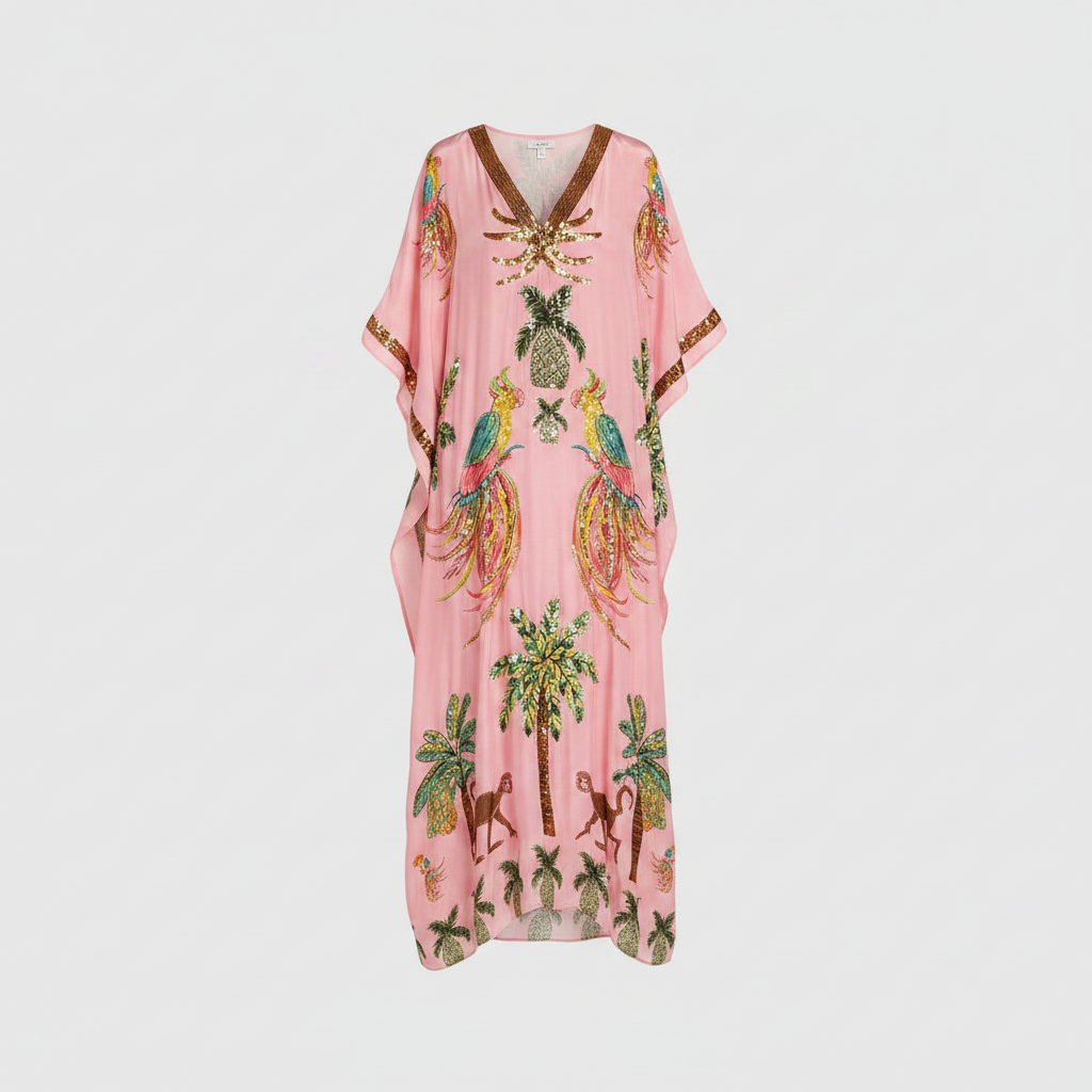 Pink kaftan-style dress with tropical parrot and palm print, V-neck, ankle length