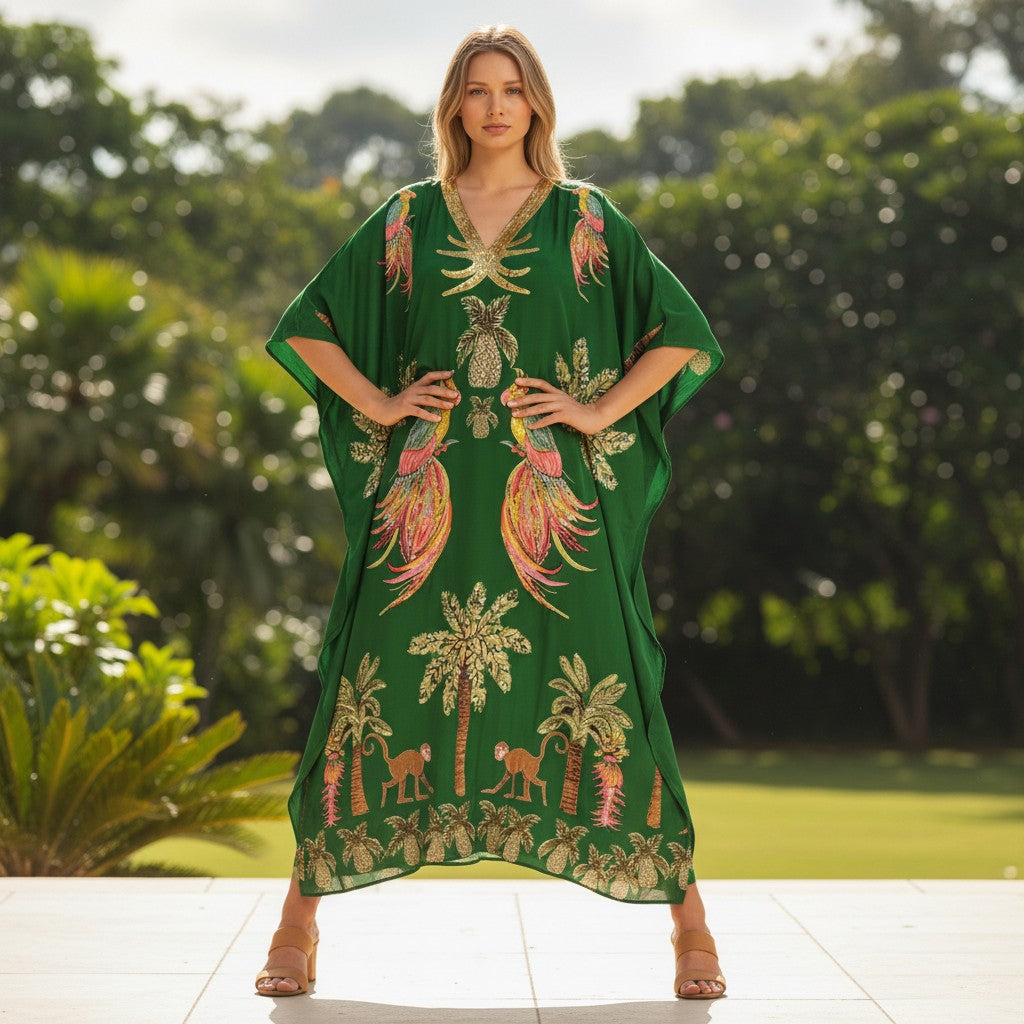 Green kaftan-style dress with tropical bird and palm print, V-neck, loose long silhouette