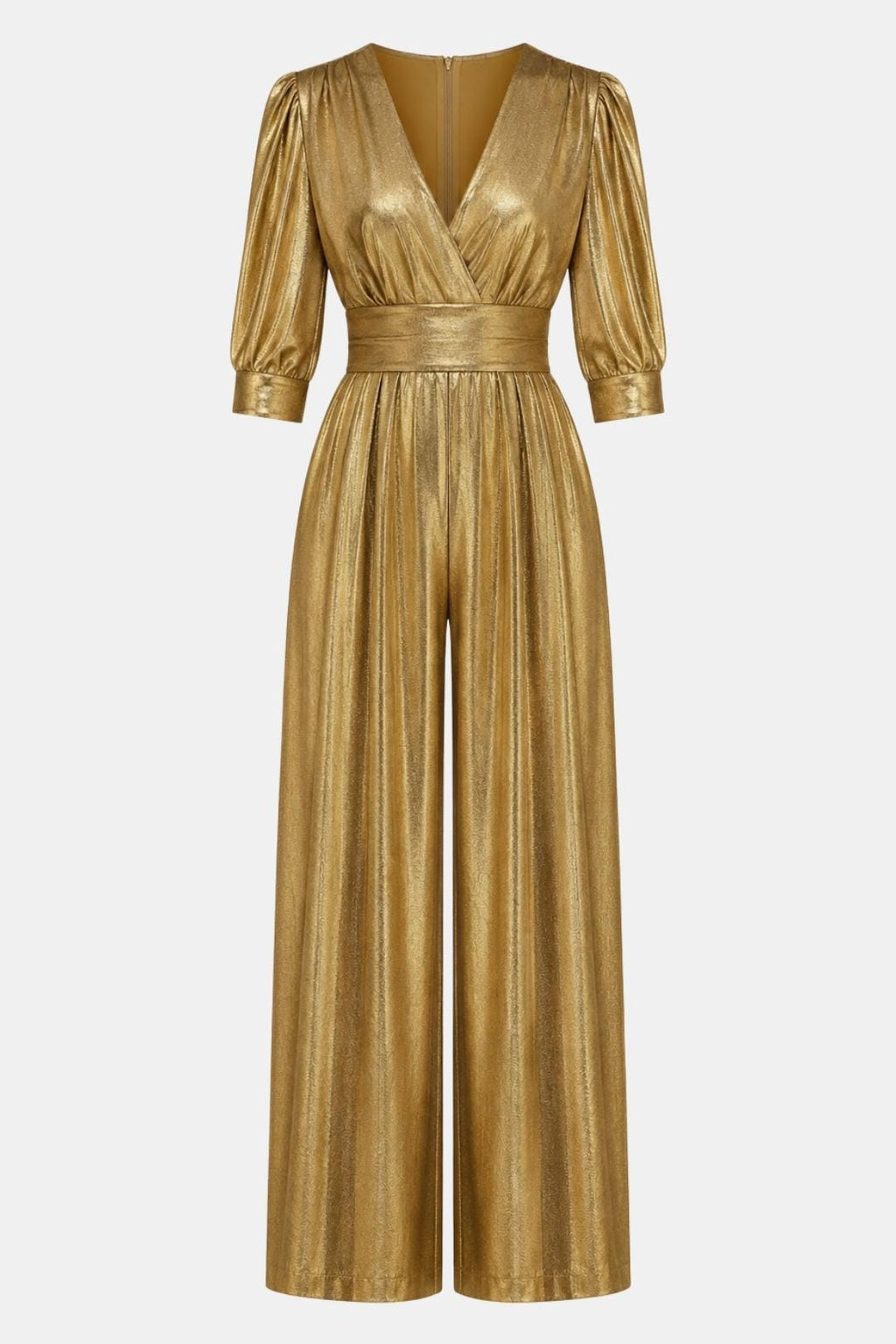 Gold V-neck jumpsuit with ruched waist, long puff sleeves, and wide-leg pants