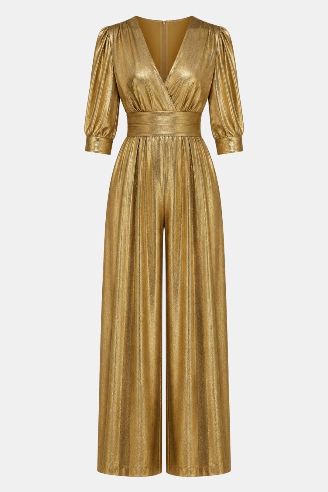 Gold V-neck jumpsuit with ruched waist, long puff sleeves, and wide-leg pants