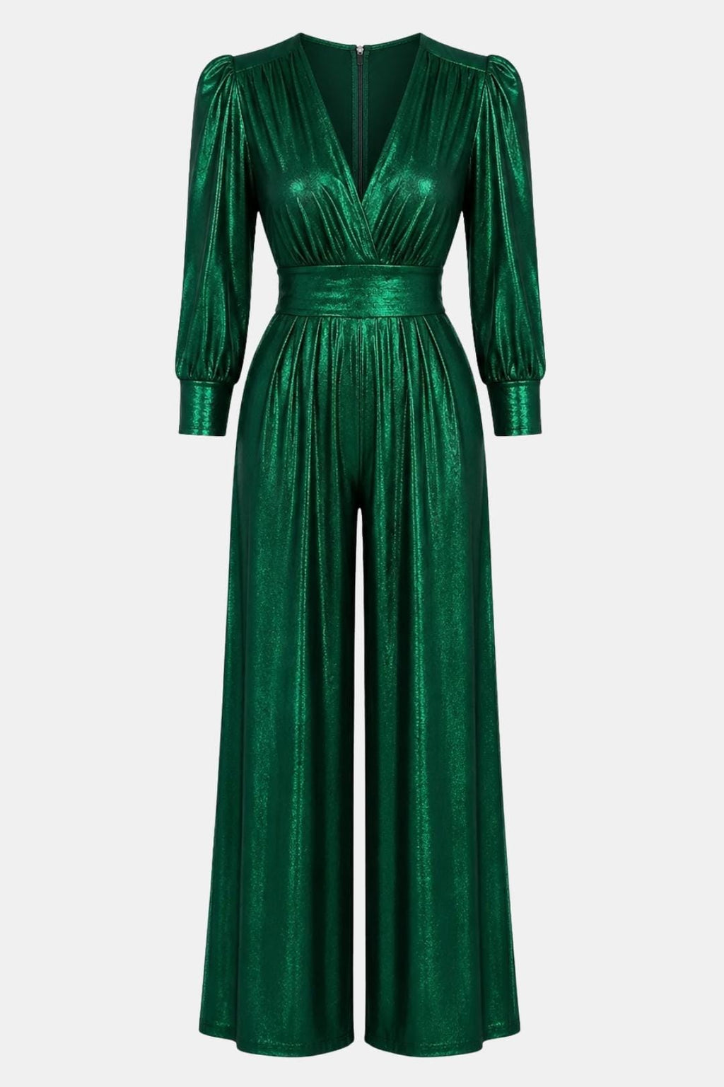 Green V-neck jumpsuit back view with ruched waist, long puff sleeves, and wide-leg trousers