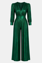 Green V-neck jumpsuit back view with ruched waist, long puff sleeves, and wide-leg trousers