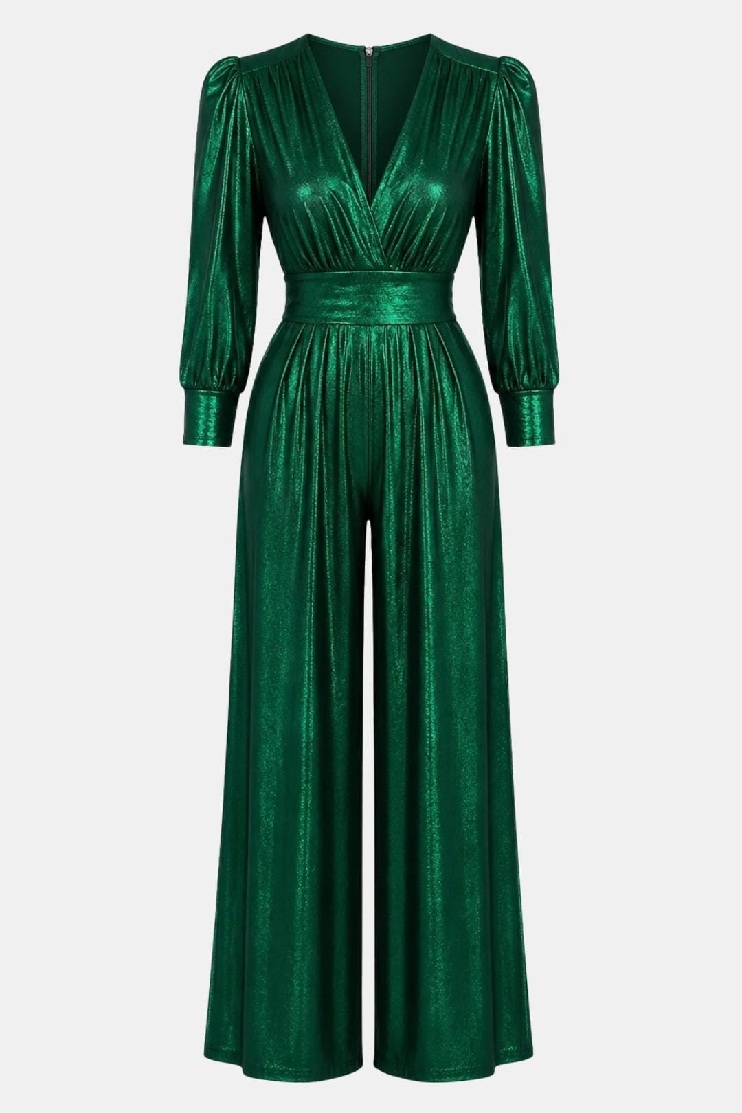 Green V-neck jumpsuit back view with ruched waist, long puff sleeves, and wide-leg trousers