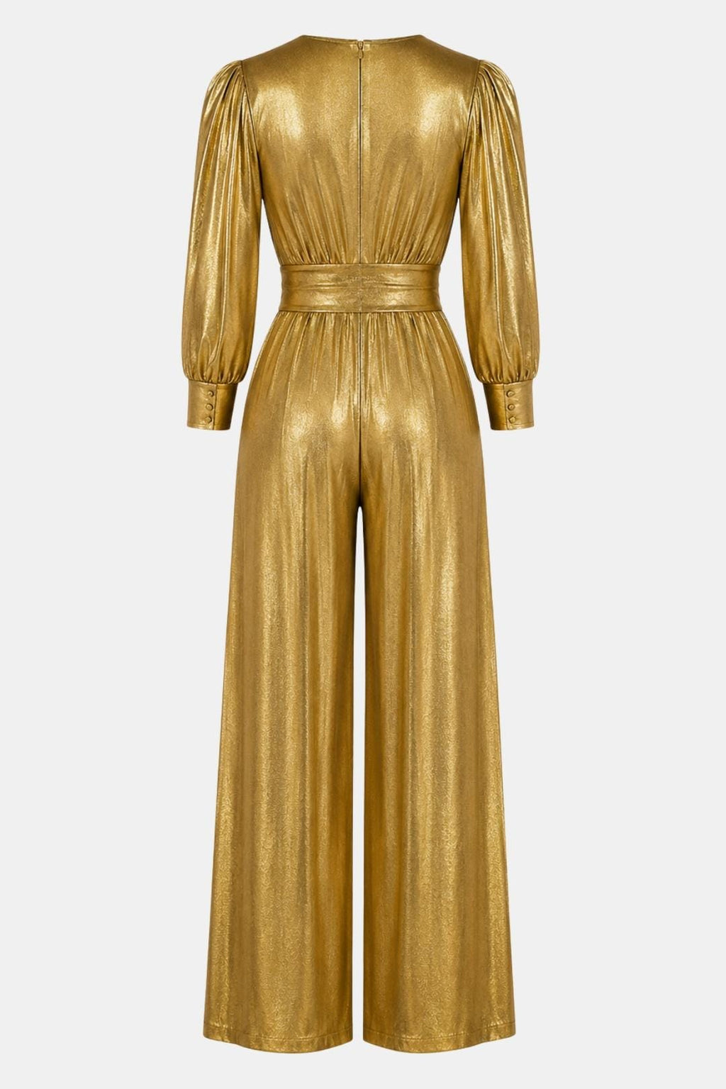 Gold V-neck jumpsuit back view with ruched waist, long puff sleeves, and wide legs