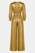 Gold V-neck jumpsuit back view with ruched waist, long puff sleeves, and wide legs