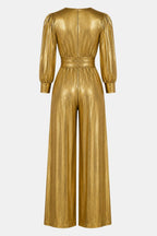 Gold V-neck jumpsuit back view with ruched waist, long puff sleeves, and wide legs