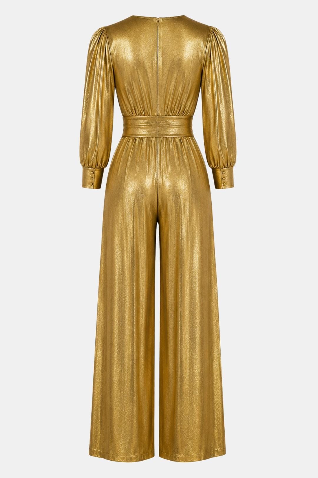 Gold V-neck jumpsuit back view with ruched waist, long puff sleeves, and wide legs