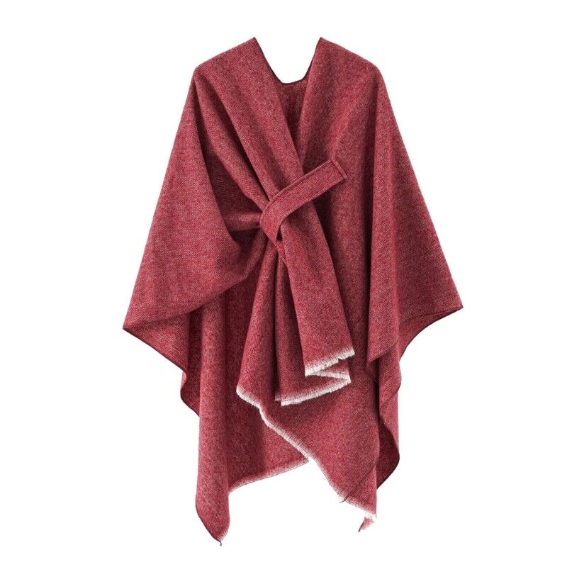 Cashmere poncho in deep red, draped wrap with V neckline and center ribbon tie