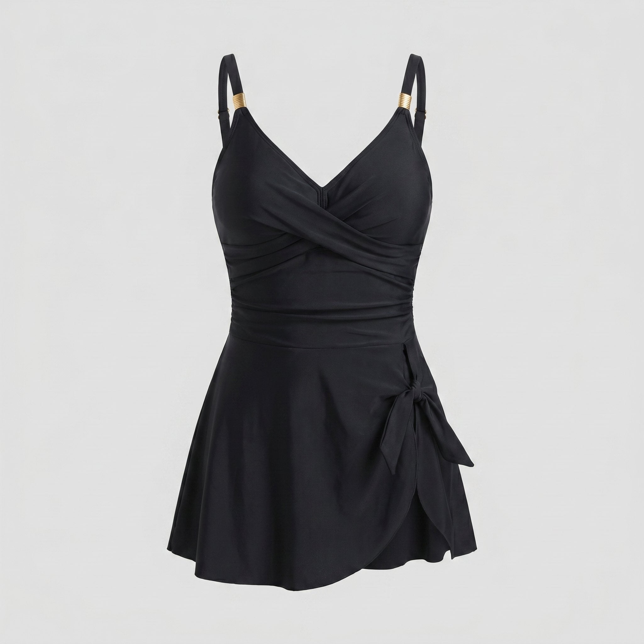 Black one-piece swimdress with surplice bust, ruched tummy control, tie-front skirt, straps