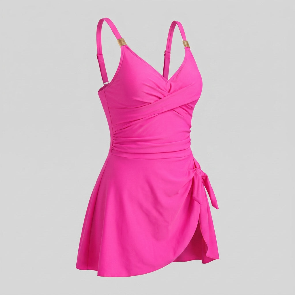 Rose red one-piece swimdress with surplice bust, ruched tummy control, tie-front skirt, straps