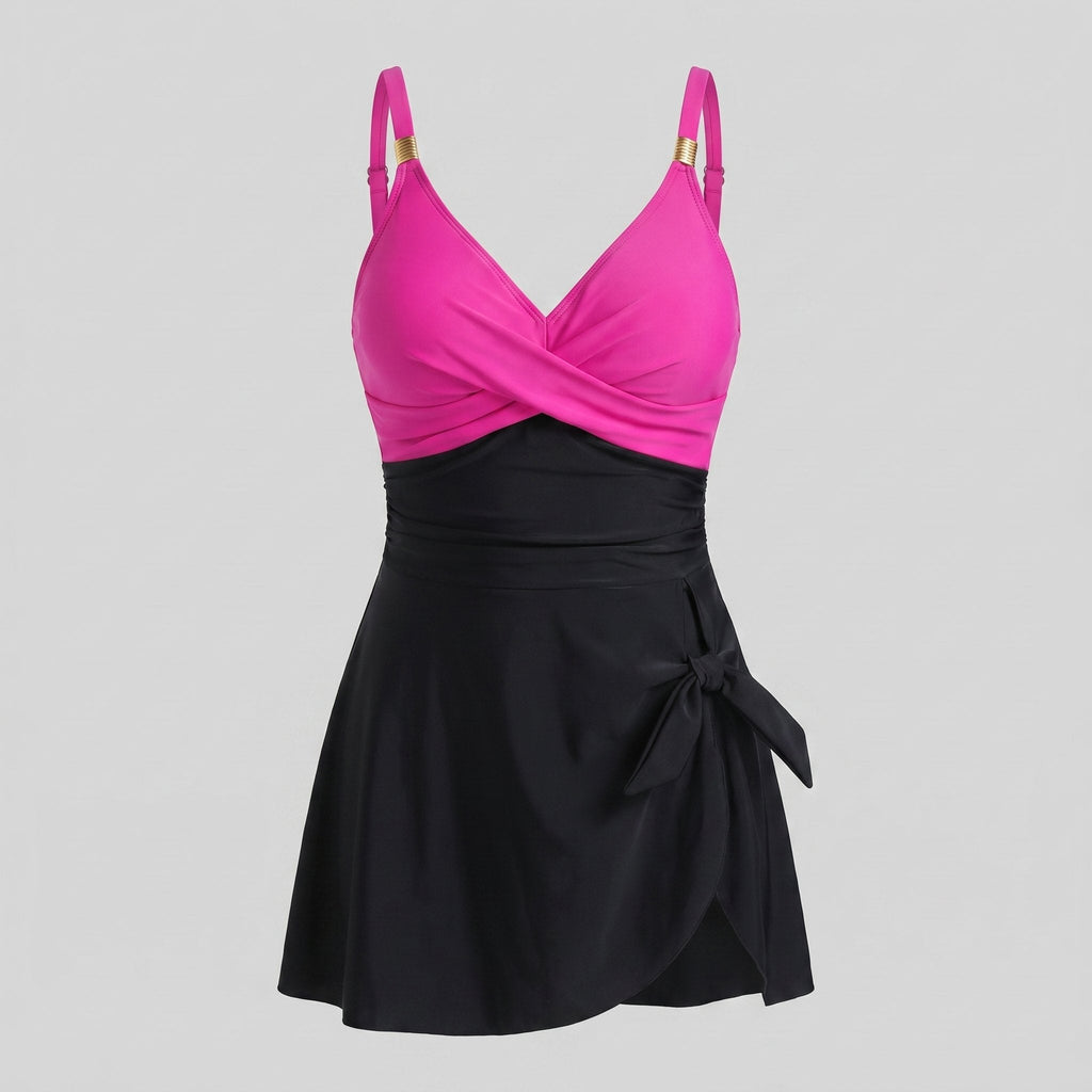 Rose red and black one-piece swimdress with surplice bust, ruched tummy control, tie-front skirt