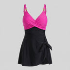 Rose red and black one-piece swimdress with surplice bust, ruched tummy control, tie-front skirt