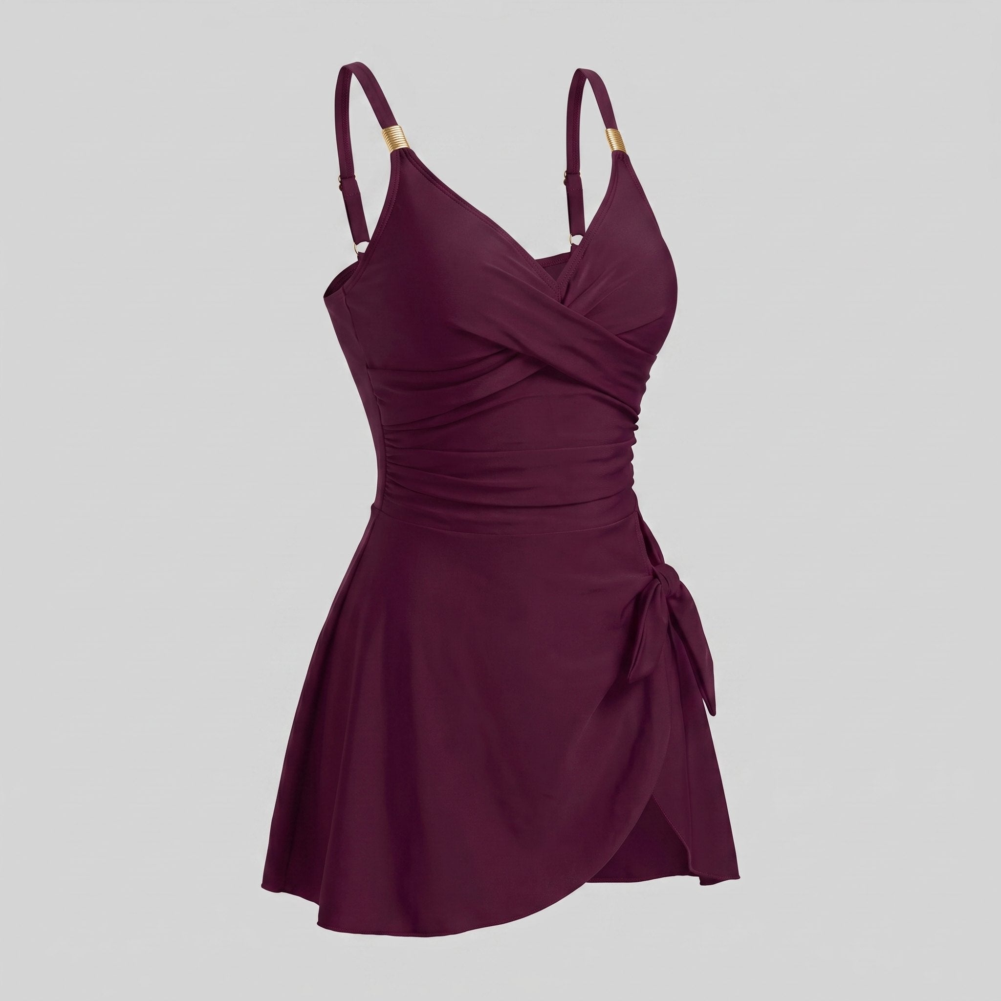 Wine red one-piece swimdress with surplice bust, ruched tummy control, tie-front skirt, straps