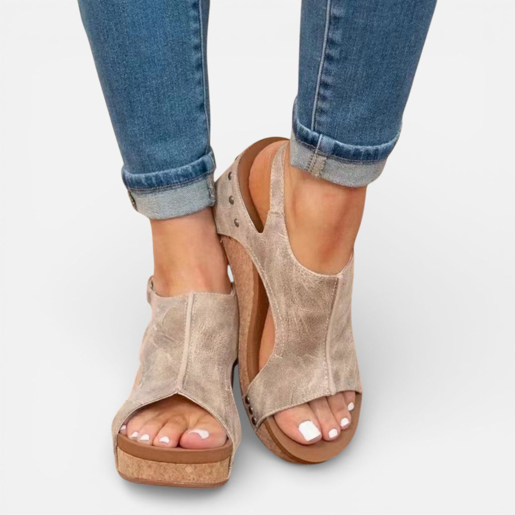 Women's platform wedge sandals, beige suede look, open toe, stud accents
