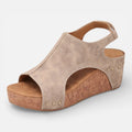 Women's platform wedge sandals, beige suede look, open toe, cork-style platform