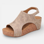 Women's platform wedge sandals, beige suede look, open toe, cork-style platform