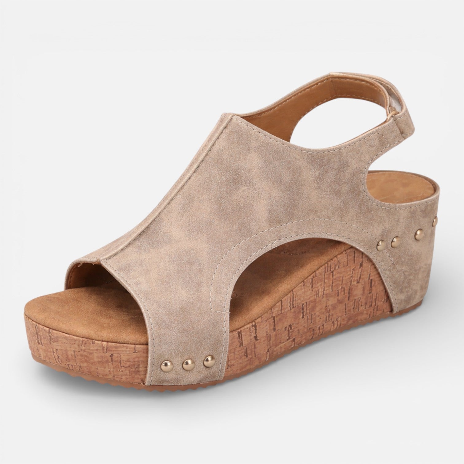 Women's platform wedge sandals, beige suede look, open toe, cork-style platform
