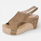 Women's platform wedge sandals, light beige open toe, cork-style wedge, studs