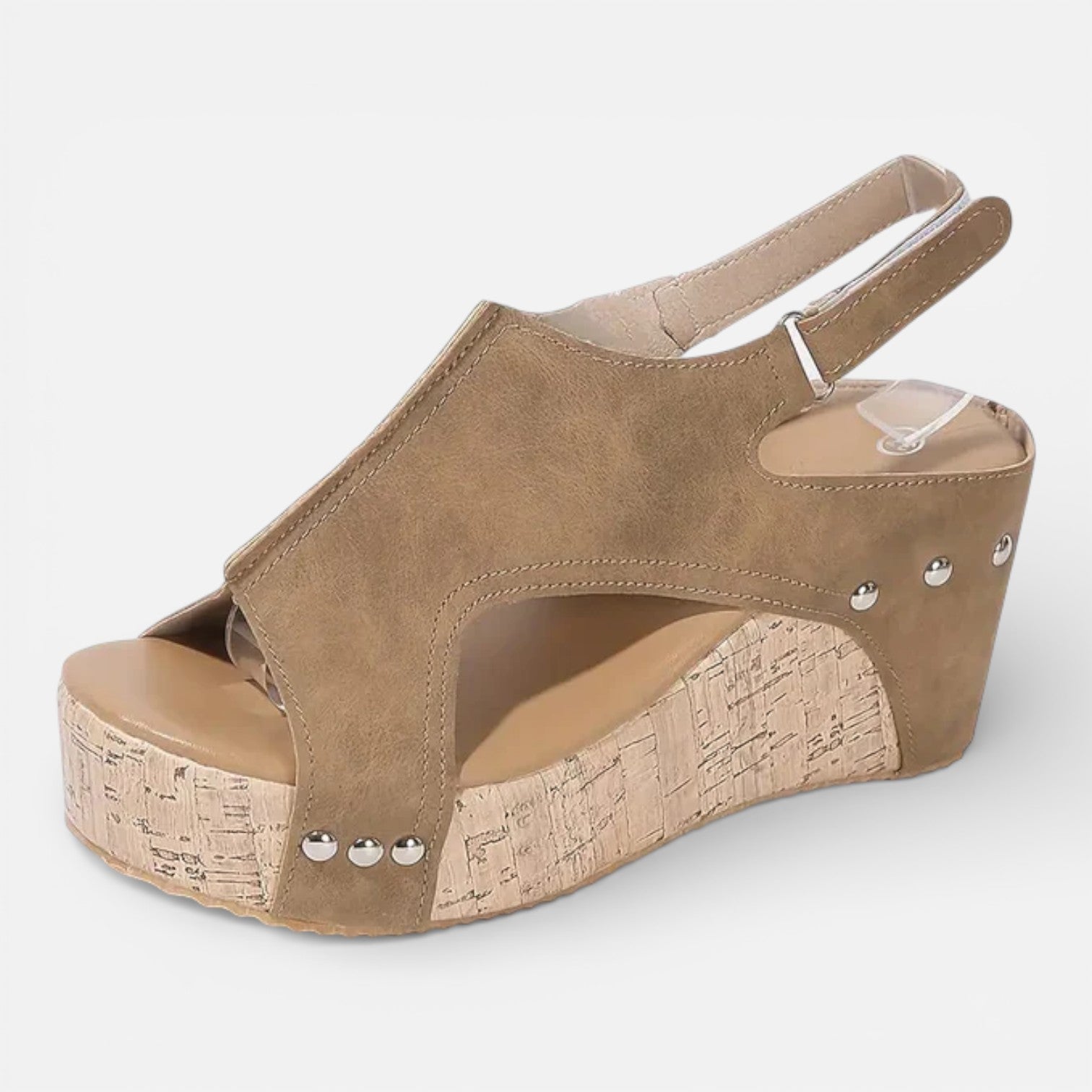 Women's platform wedge sandals, light beige open toe, cork-style wedge, studs