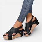 Women's platform wedge sandals, black faux leather, open toe, stud details