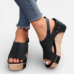 Women's platform wedge sandals, black open-toe wedges with side cutout and studs