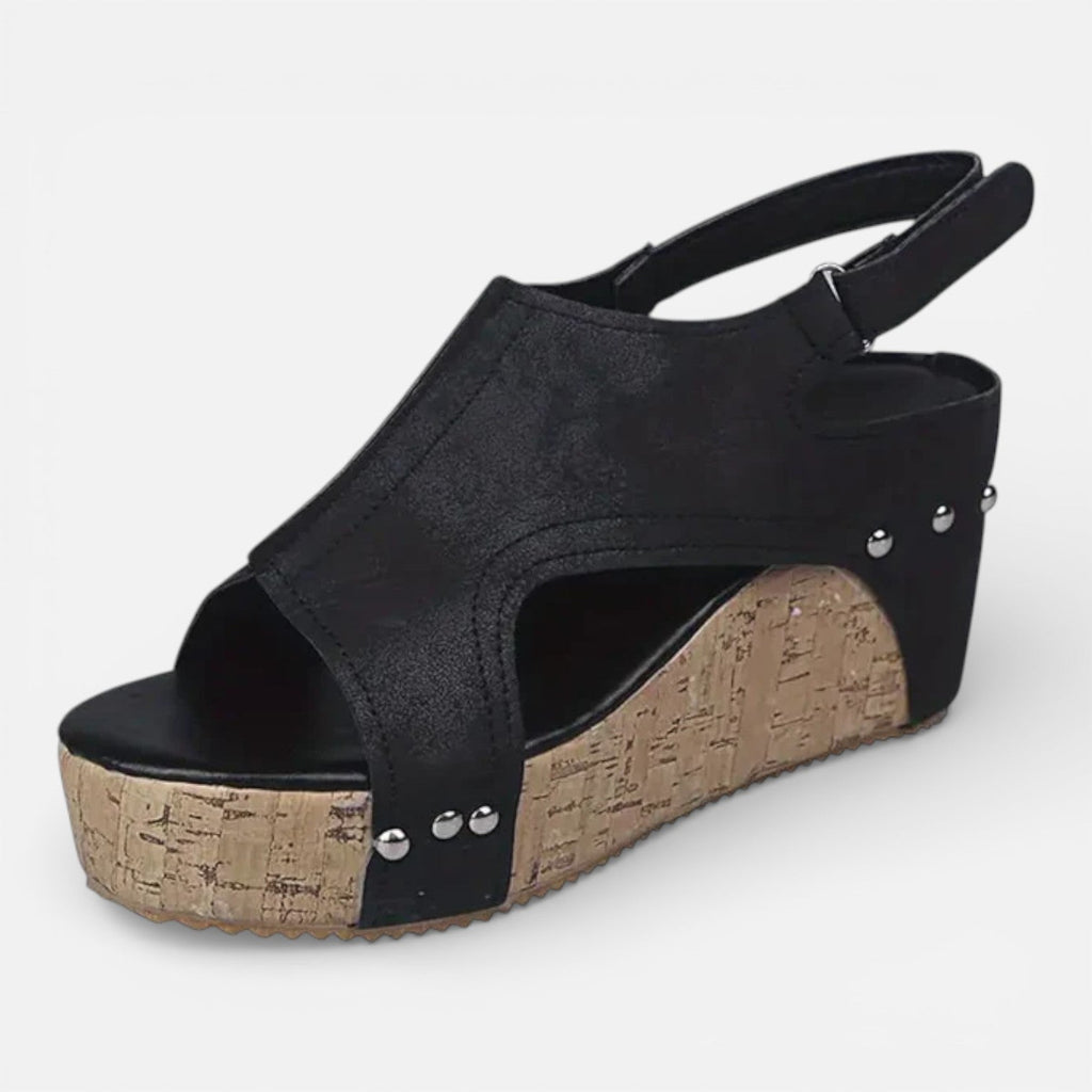 Women's platform wedge sandals, black open toe, cork-style wedge and stud row