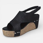 Women's platform wedge sandals, black open toe, cork-style wedge and stud row
