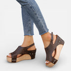 Women's platform wedge sandals, brown suede look, open toe, stud trim