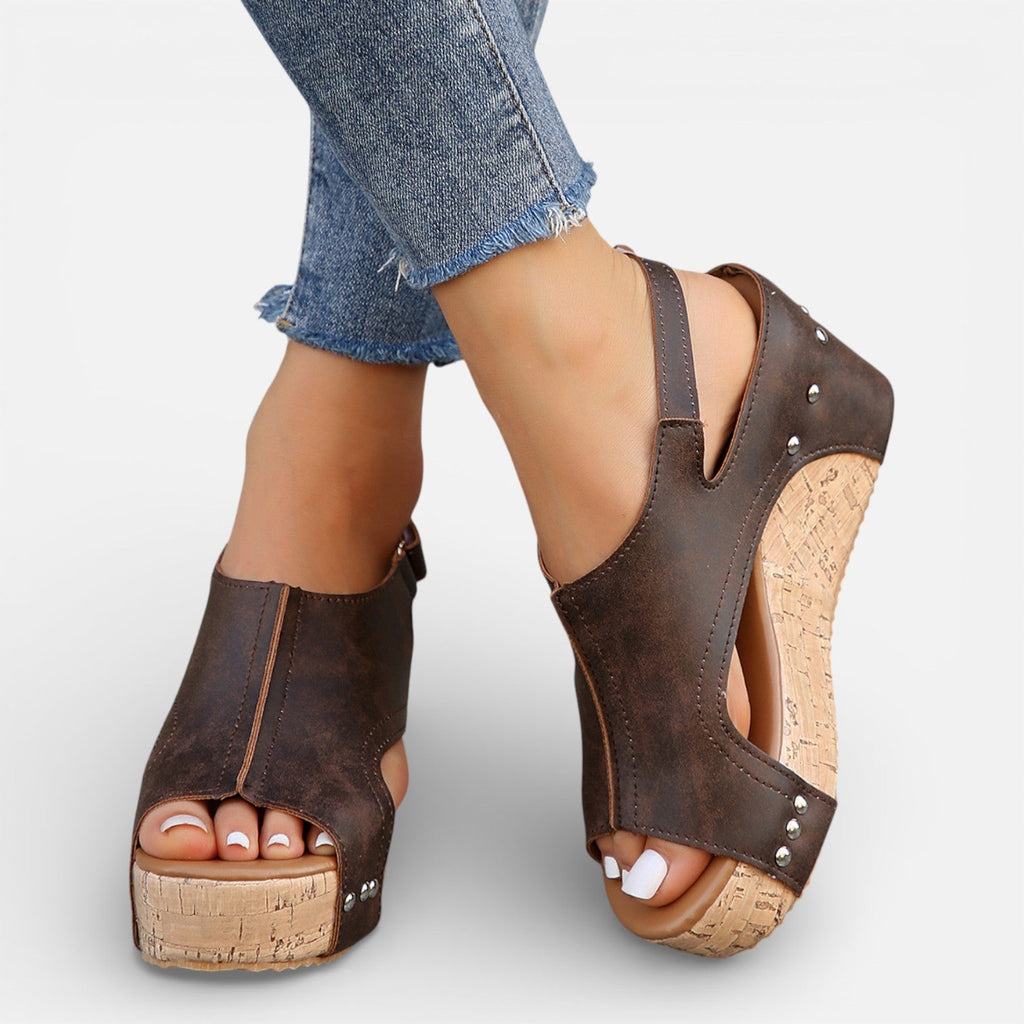 Women's platform wedge sandals, dark brown open-toe wedges with stud accents