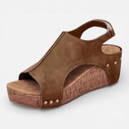 Women's platform wedge sandals, brown suede look, open toe, stud detail