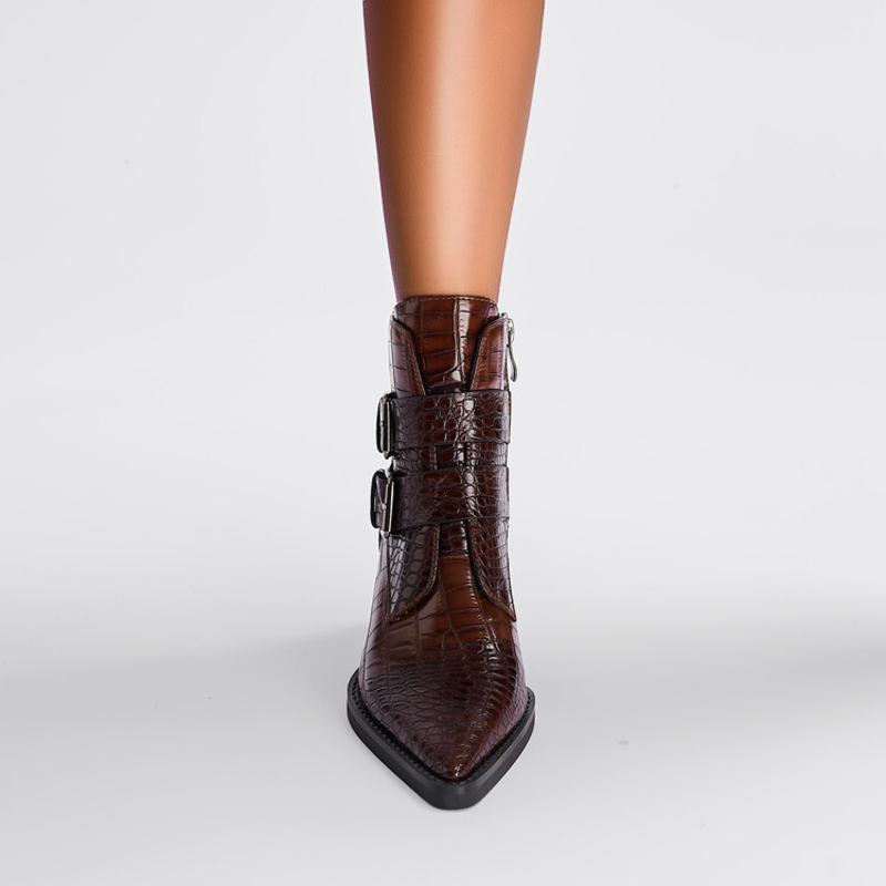 Women’s pointed-toe ankle boots in brown with side buckle straps and block heel