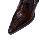 Brown pointed-toe ankle boot with textured crocodile-style finish