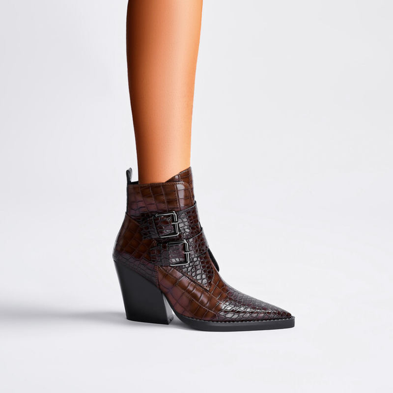 Women’s pointed-toe ankle boots in brown with double buckle strap detail